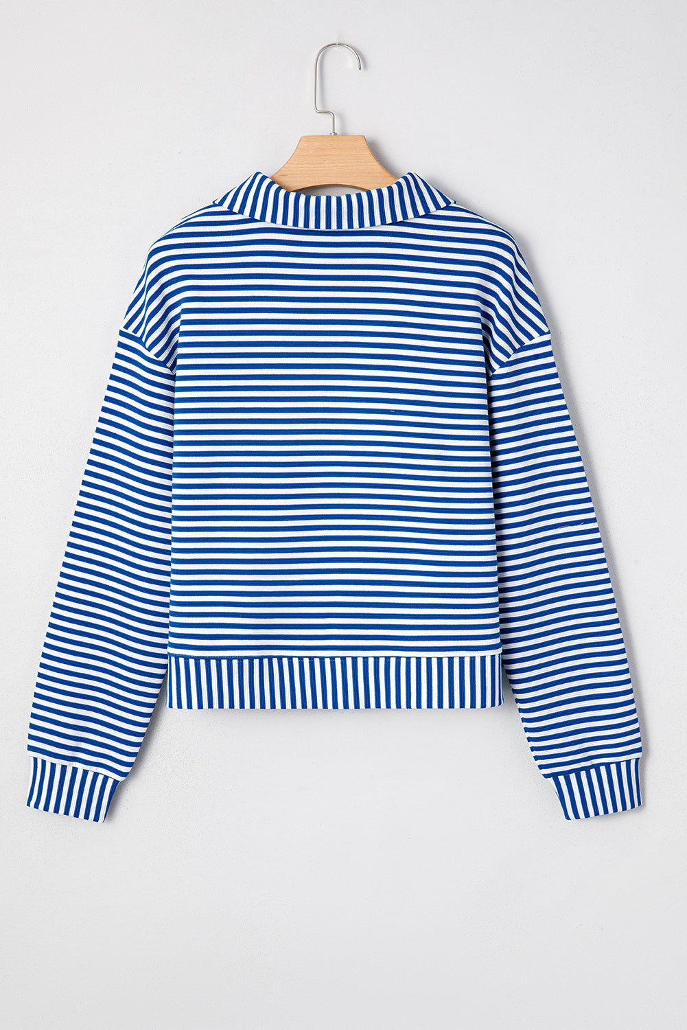 Blue Stripe Quarter Zip Collar Pullover Long Sleeve Top