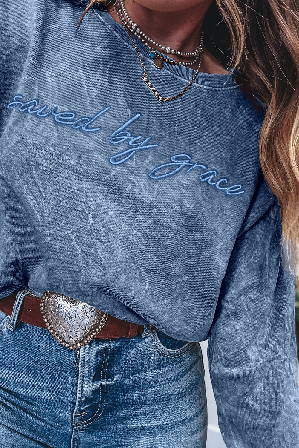 Saved by grace Letter Embroidery Mineral Wash Loose Sweatshirt
