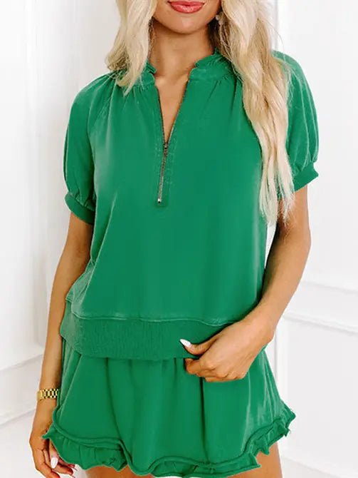 Pink Half Zip Puff Sleeve Top and Ruffled Shorts Set