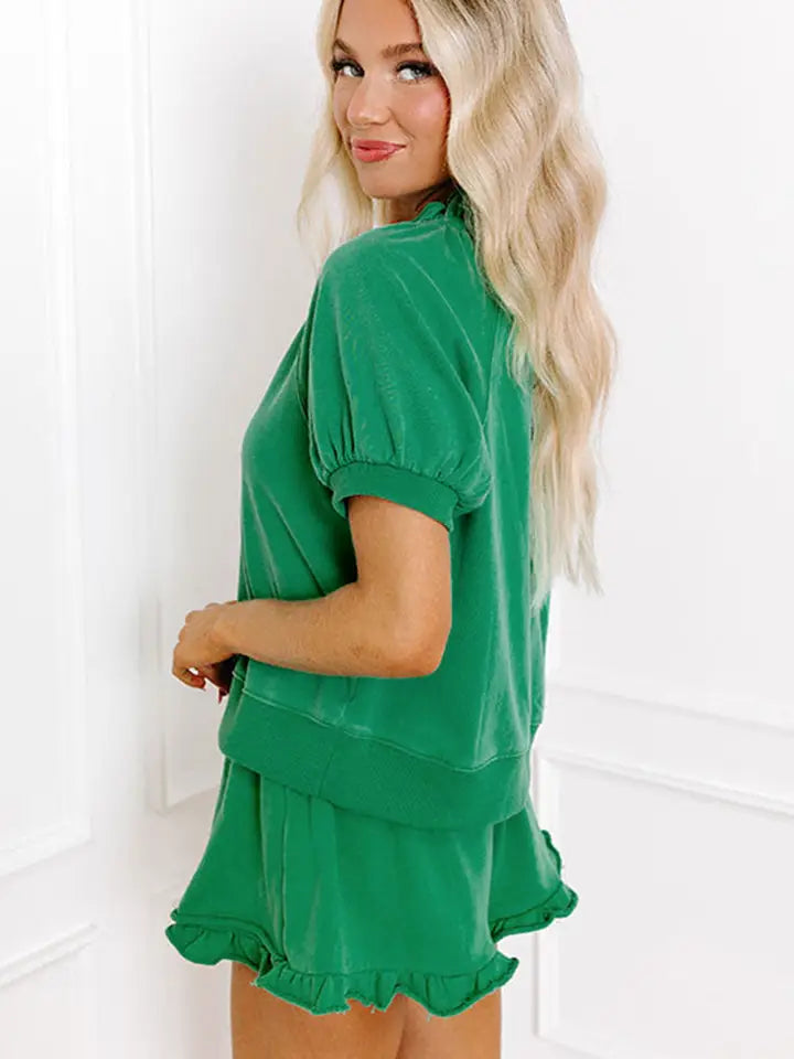 Pink Half Zip Puff Sleeve Top and Ruffled Shorts Set
