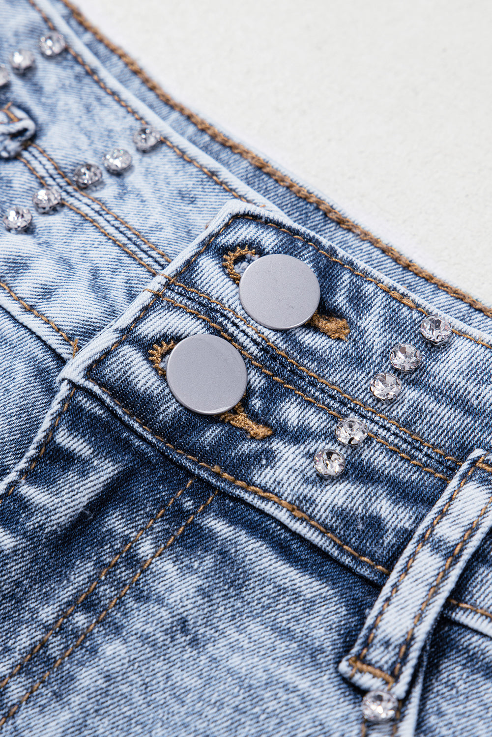 Rhinestone Embellished Light Wash High Waist Denim Shorts