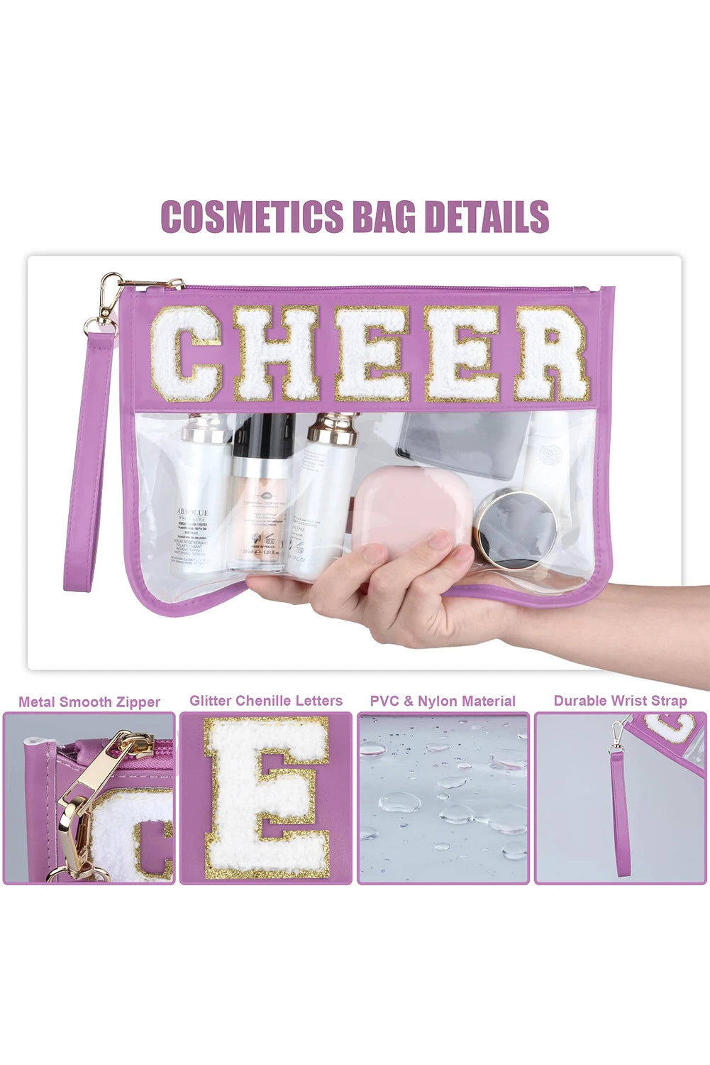 Chenille Letter PU Leather Patchwork Clear Makeup Bag