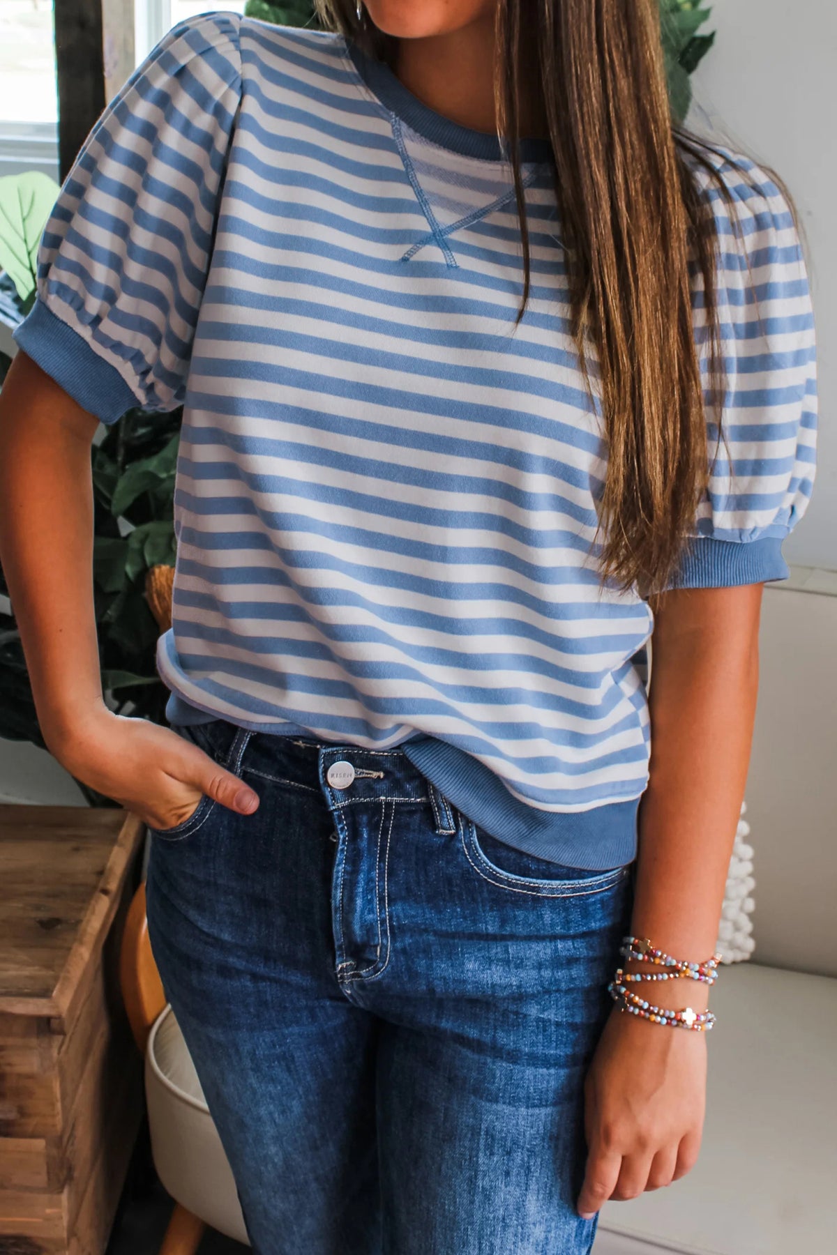 Khaki Stripe Short Bubble Sleeve T Shirt
