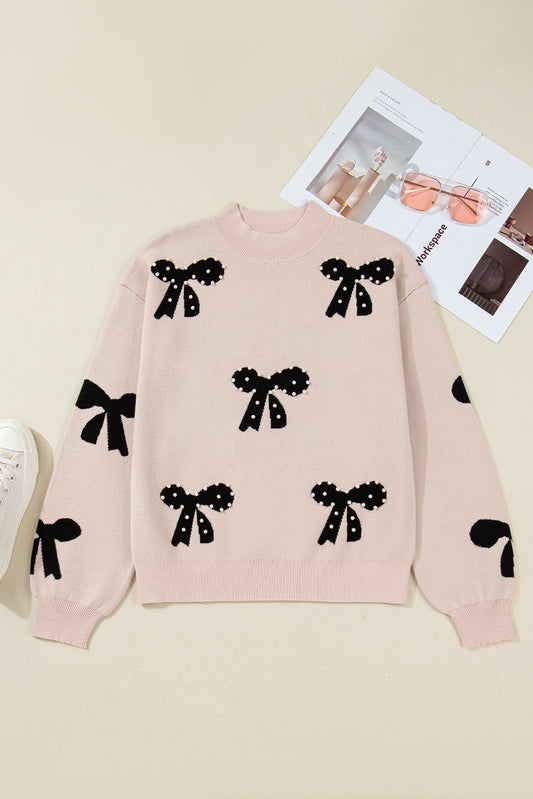 Pearl Embellished Bow Pattern Loose Sweater