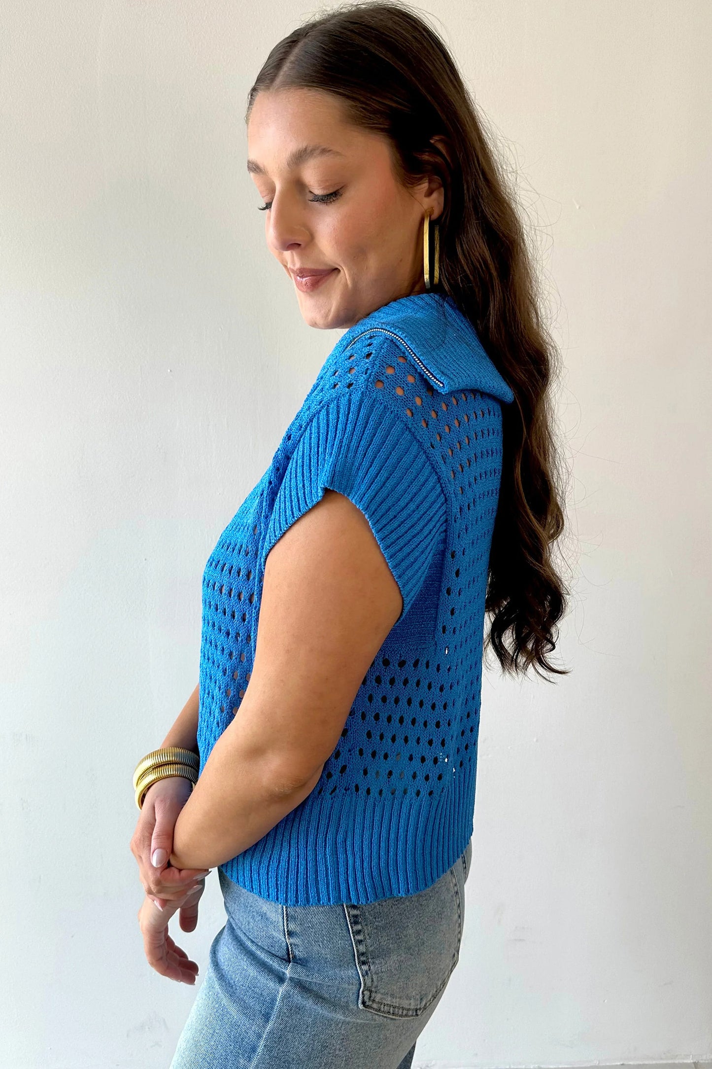 Sky Blue Solid Color Hollowed Knit Short Sleeve Zipper Collar Knitwear Top