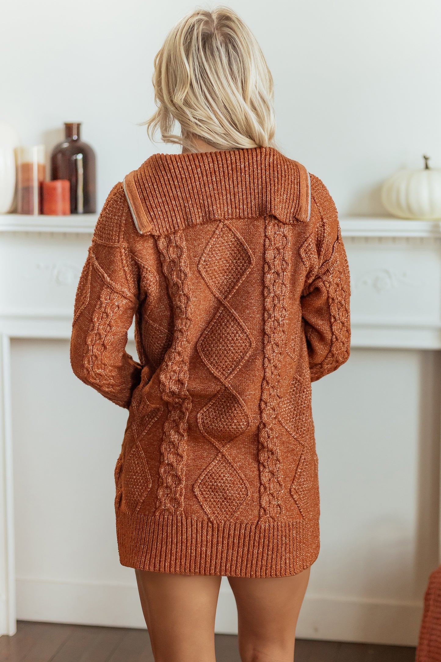 Clay Zip-Up Cable Knit Drop Shoulder Sweater Dress