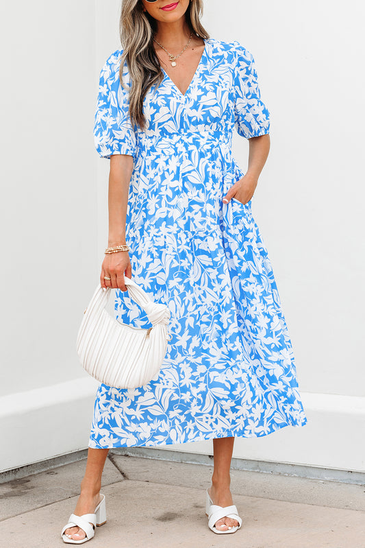 Sky Blue Floral V Neck Puff Short Sleeve Flowy Long Dress