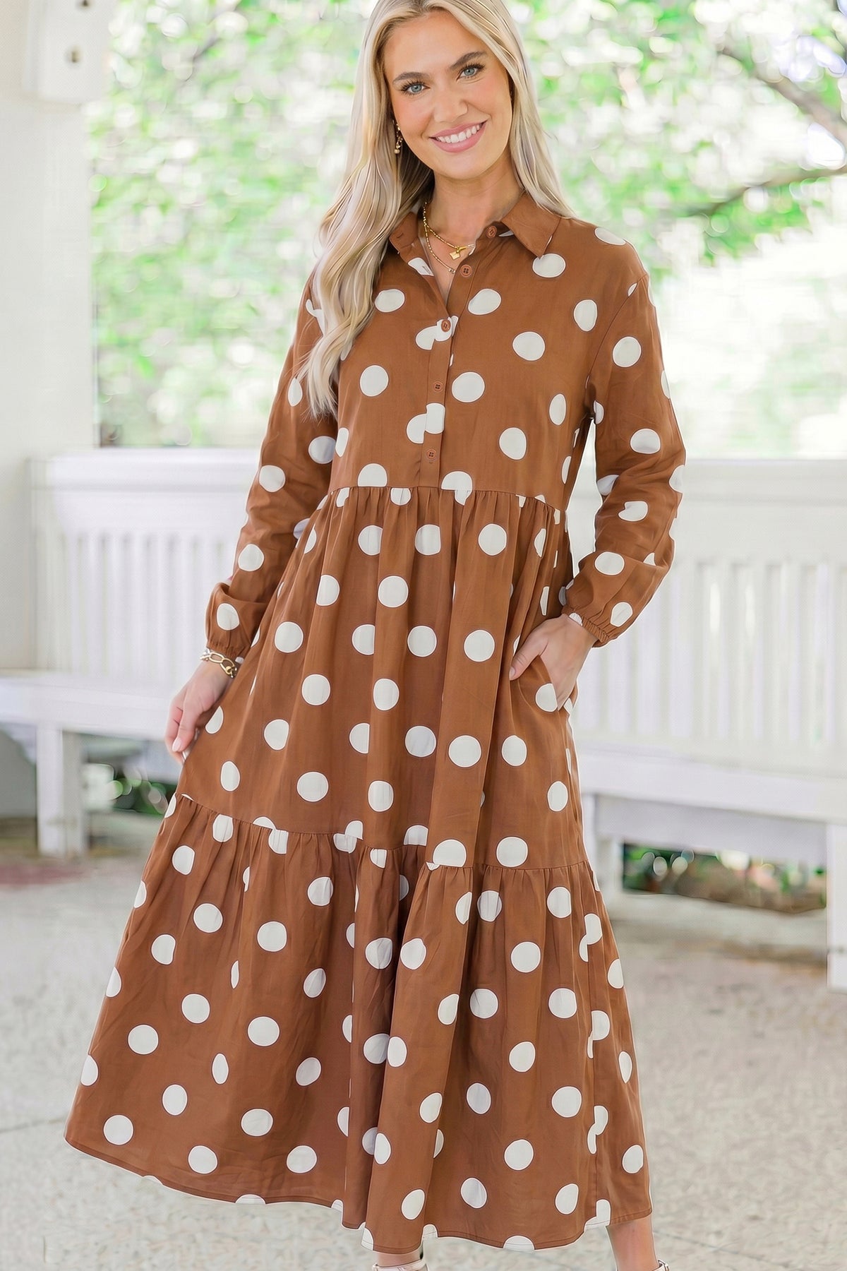 Apricot Polka Dot Button Front Long Sleeve Shift Dress
