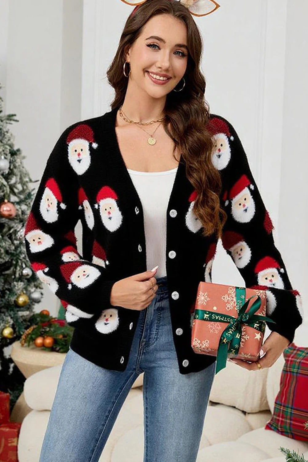 Christmas Santa Claus Pattern Button V Neck Sweater Cardigan