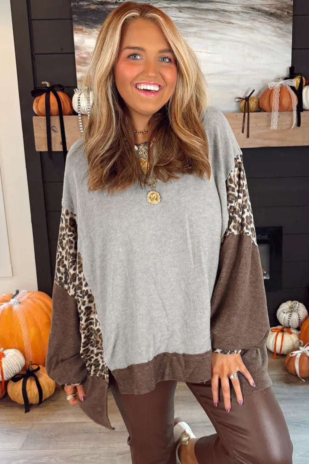 Gray Color Block Leopard Patchwork Dolman Sleeve High Low Baggy Sweatshirt