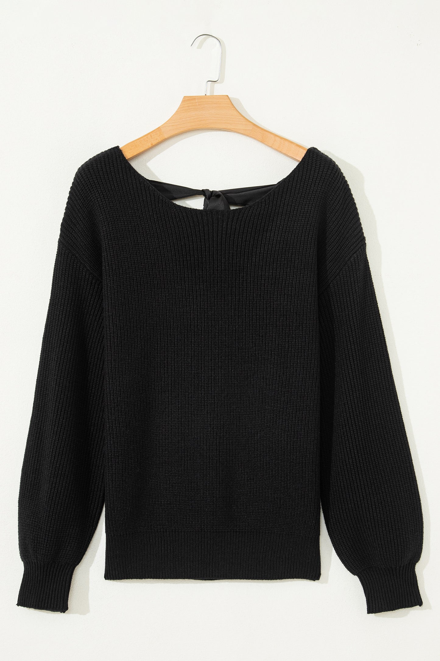 Red Dahlia Ribbed Knit Ribbon Knot Backless Drop Shoulder Sweater