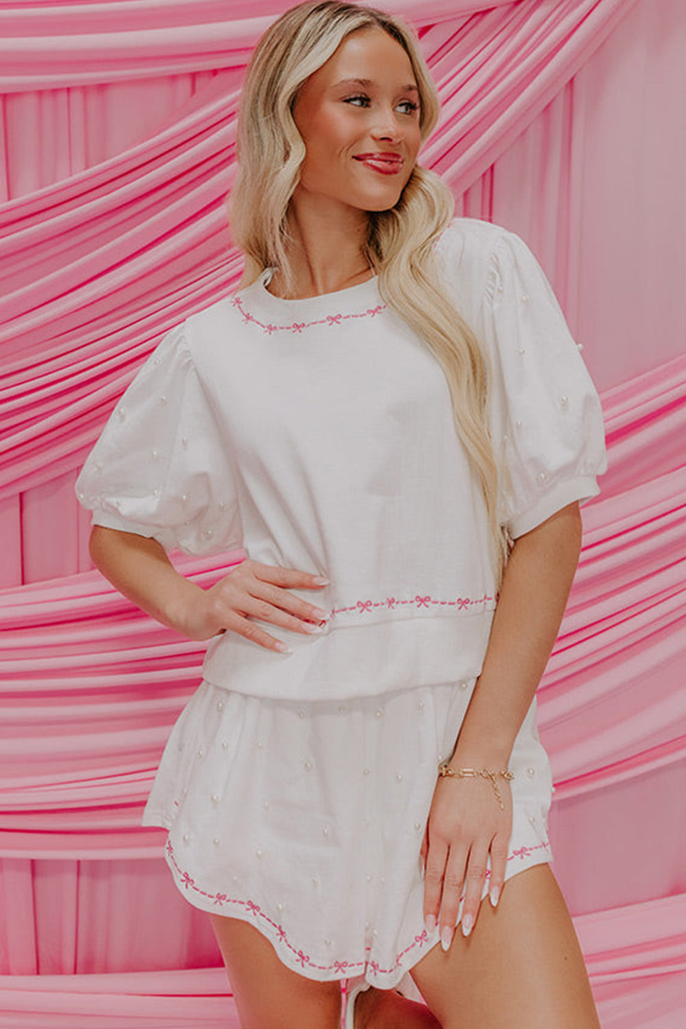 Pink Contrast Bow Trim Pearl Puff Sleeve Blouse and Skort 2pcs Set