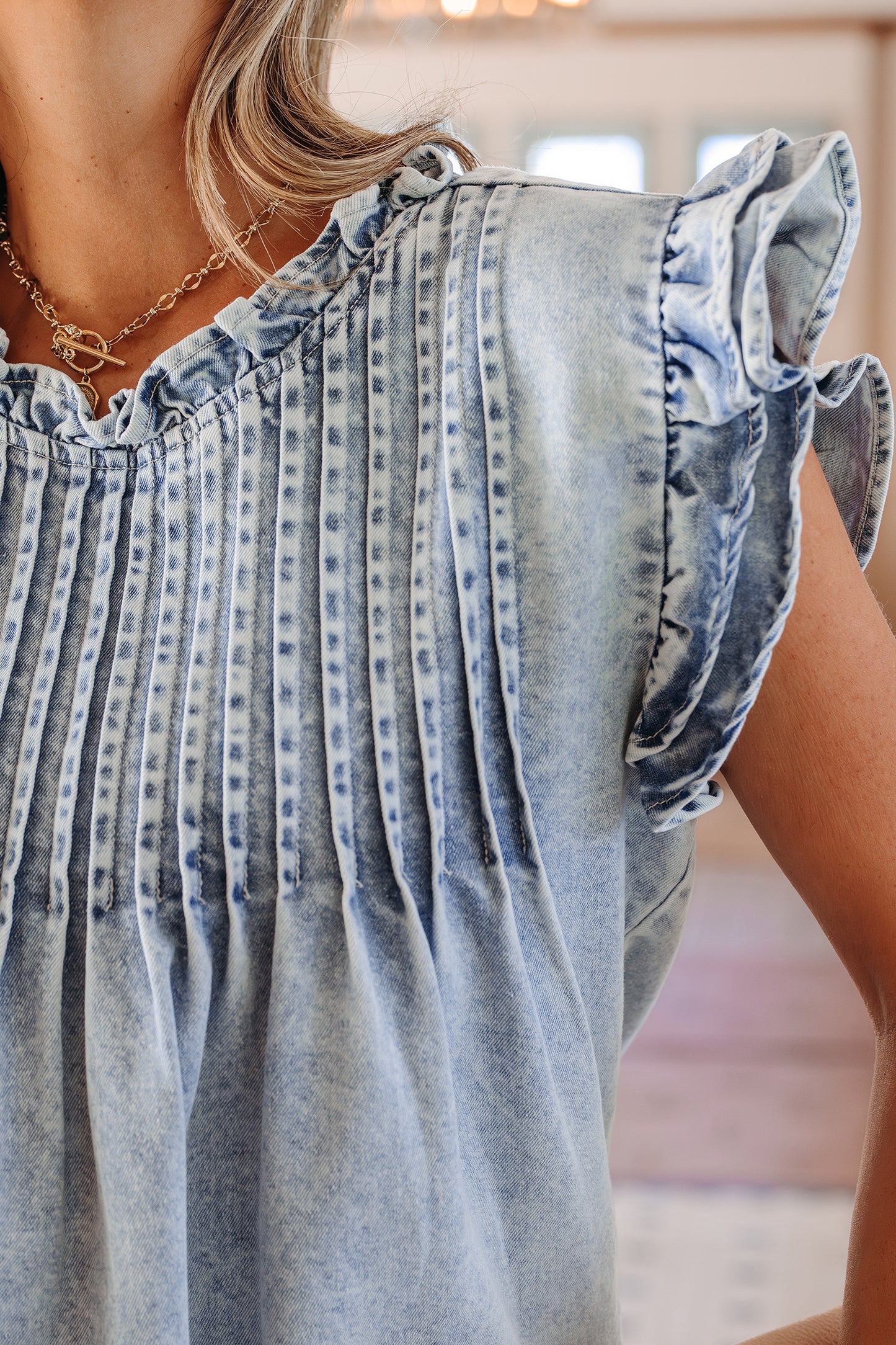 Beau Blue Ruffle Pleated Detail Vintage Washed Denim Top