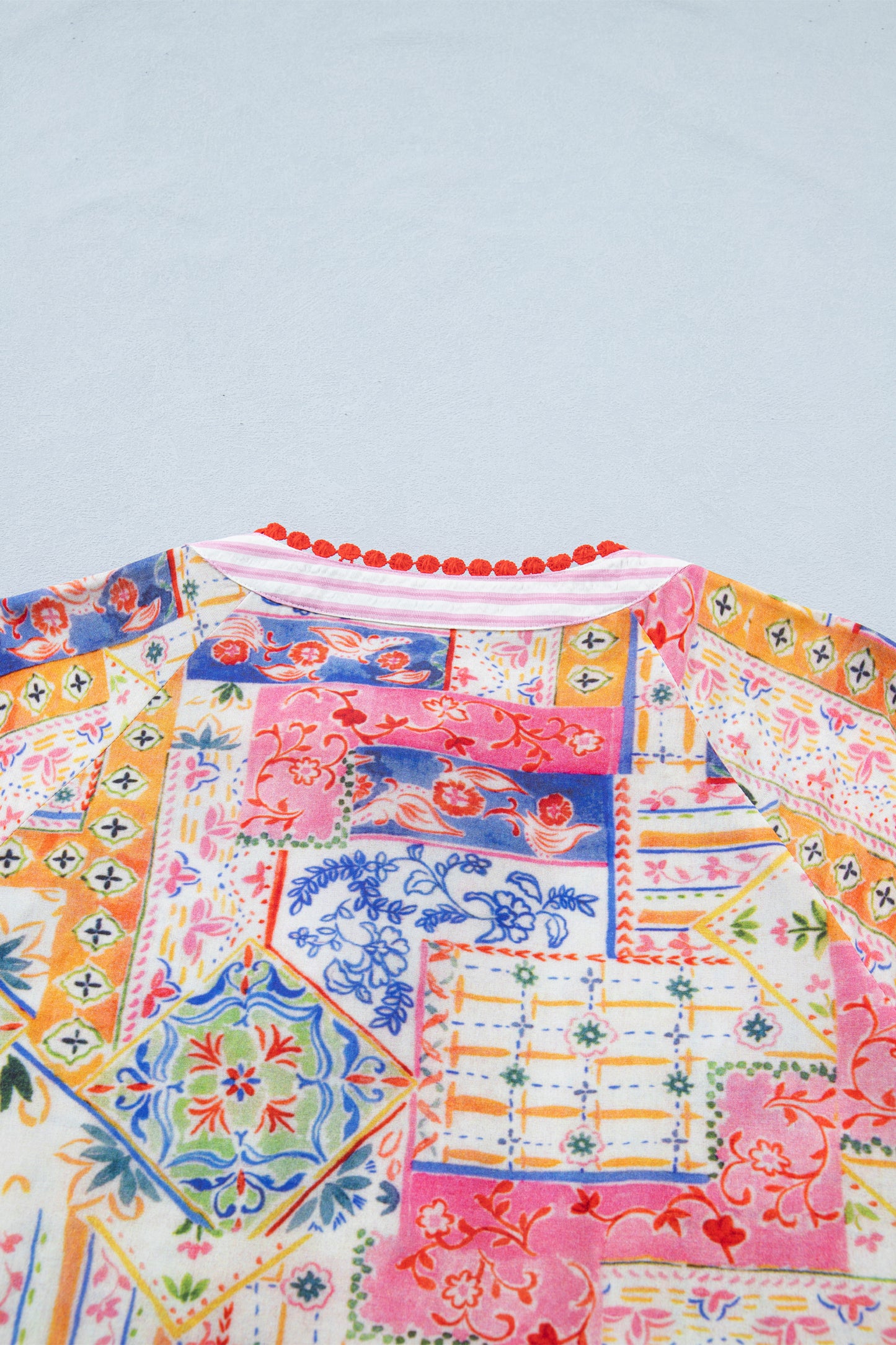 Red Mixed Print V Neck Short Sleeve Blouse