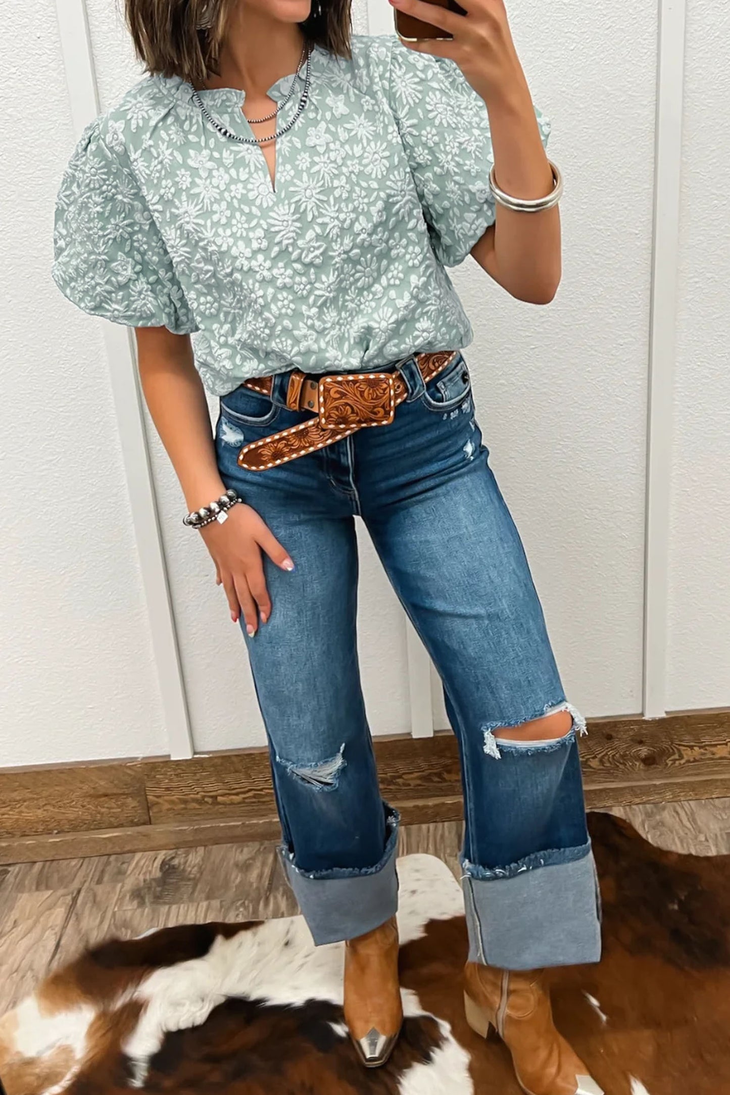 Floral Jacquard Western Blouse Puff Sleeve Top
