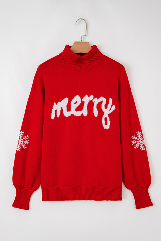 Fiery Red Merry Snowflake Pattern Christmas Turtleneck Sweater