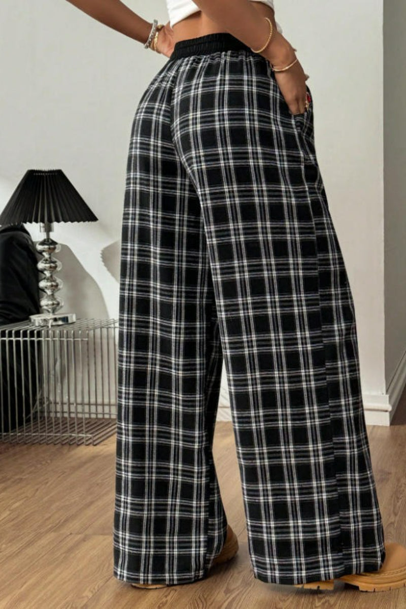 Plaid Wide Leg Pants Drawstring Elastic Waist Casual