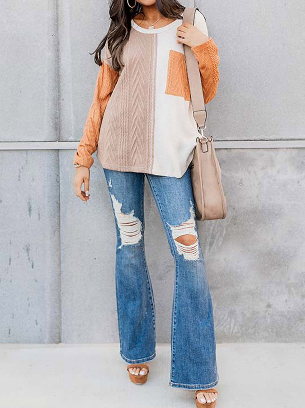 Orange Long Sleeve Colorblock Chest Pocket Textured Knit Top