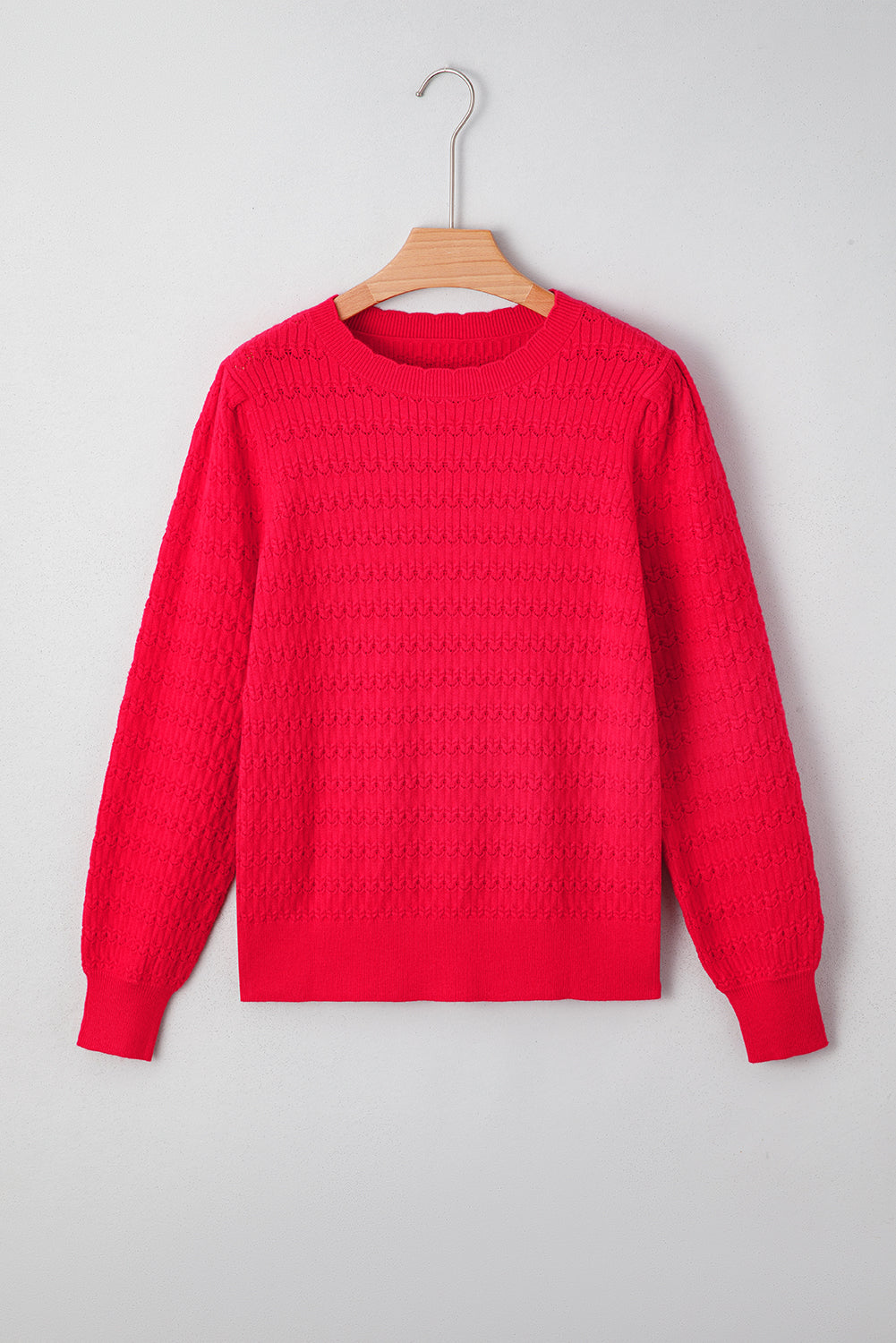 Bright Pink Trendy Pattern Knit Ribbed Cuffs Crew Neck Sweater