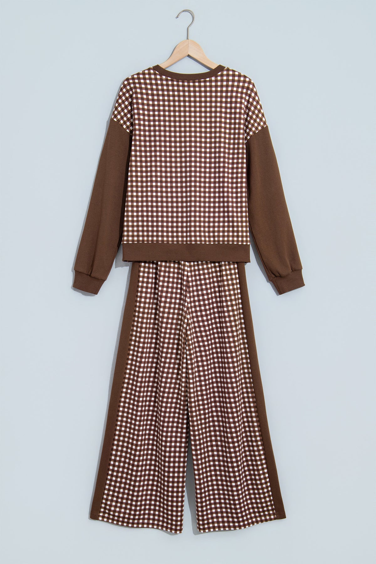 Khaki Color Block Plaid Patchwork Long Sleeve Pullover Wide Leg Pant Set