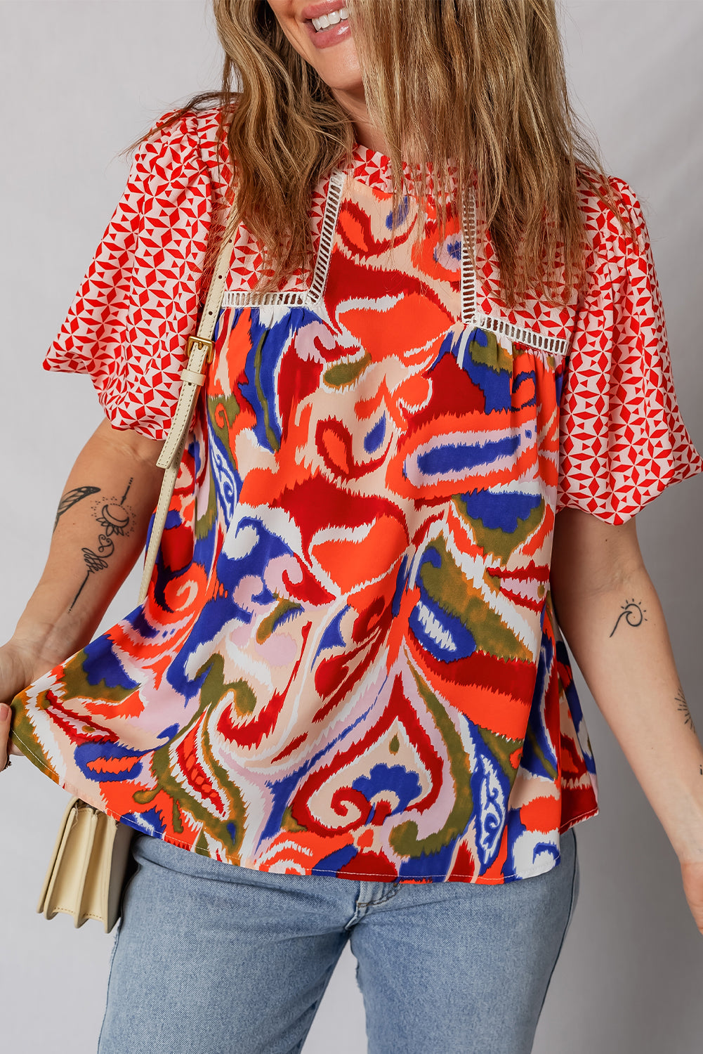 Patchwork Abstract Blouse Boho Puff Sleeve Top