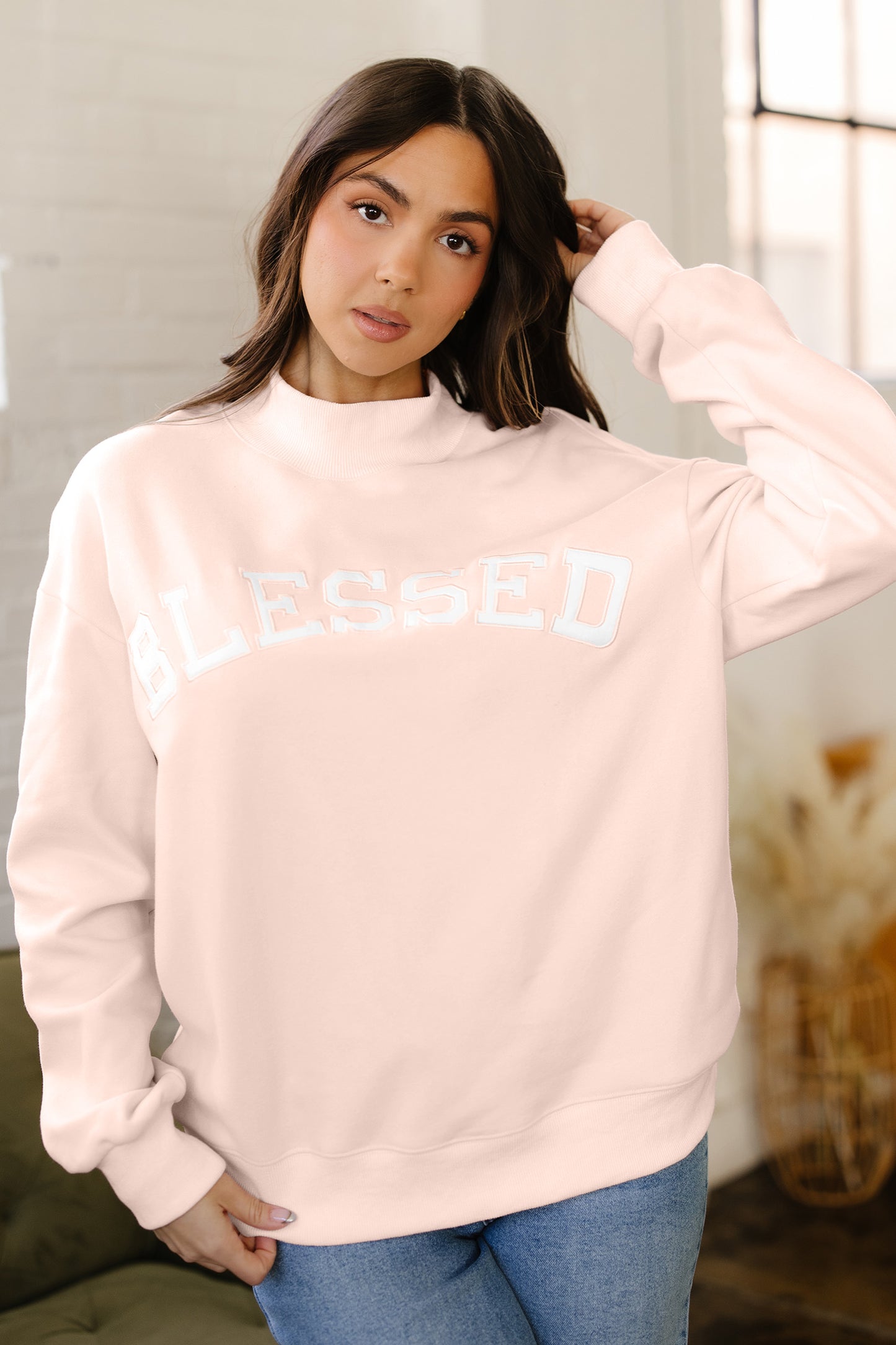 Apricot Pink Oversize Mock Neck Sweatshirt