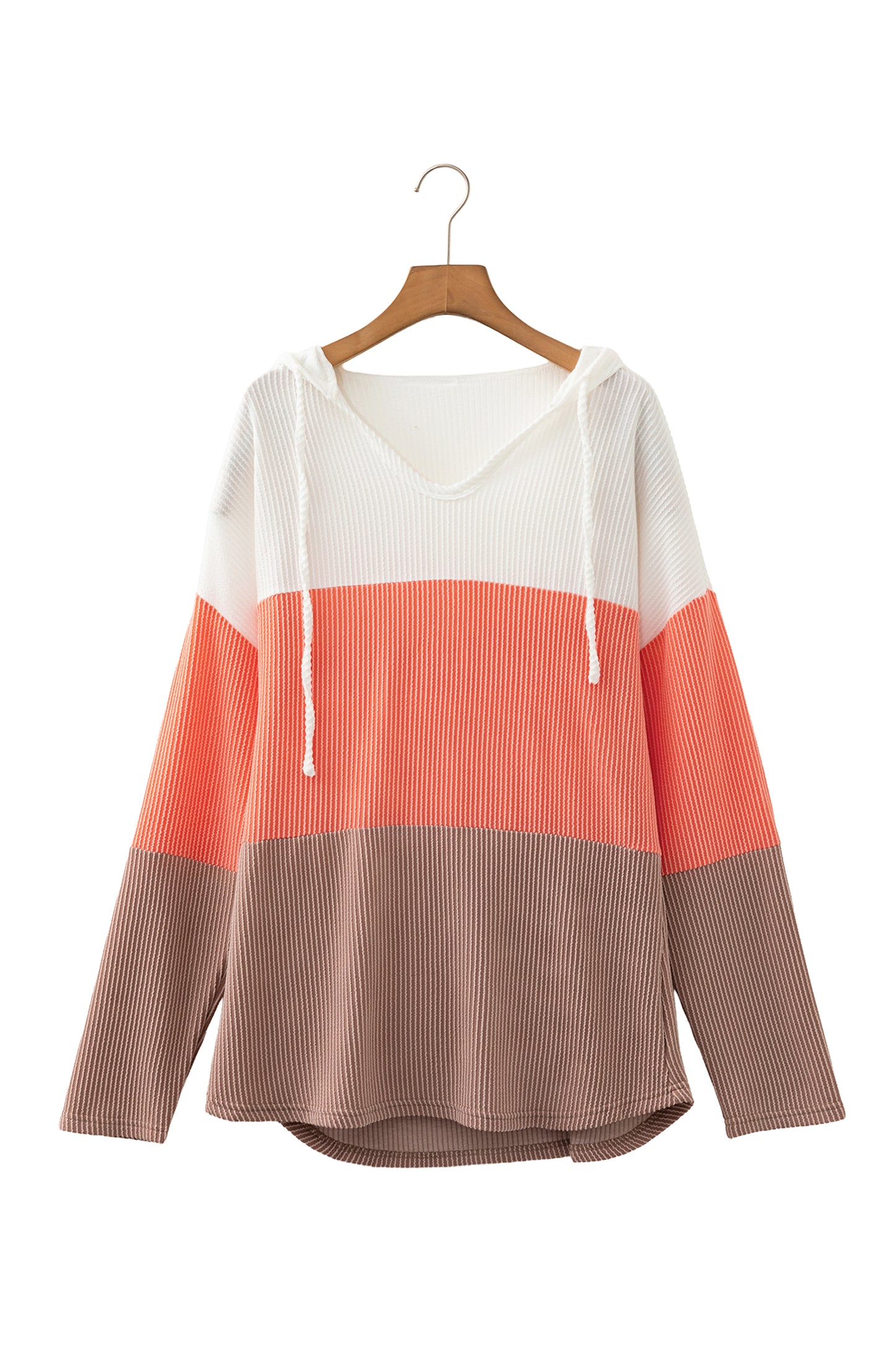 Gold Flame Ribbed Colorblock Hooded Pullover Long Sleeve Top
