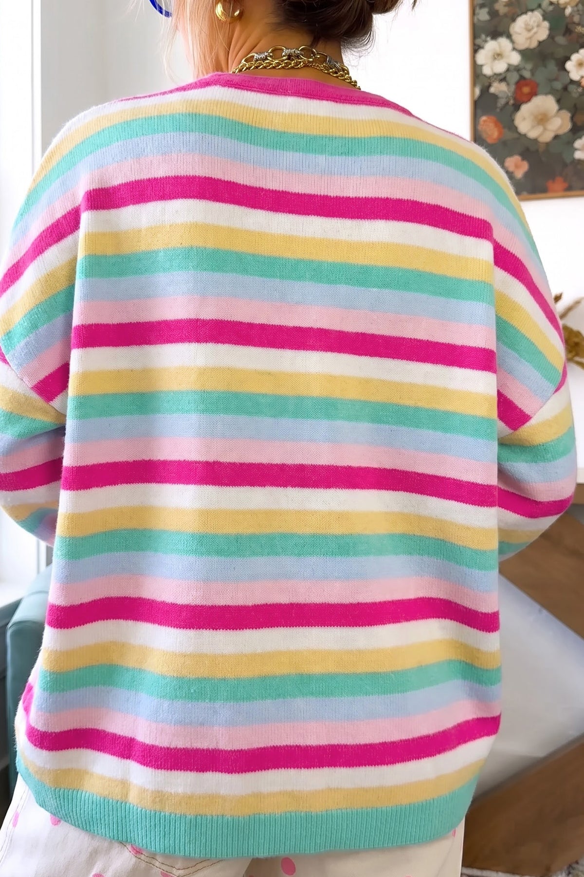 Multicolour Striped Knit Drop Shoulder Open Front Sweater Cardigan