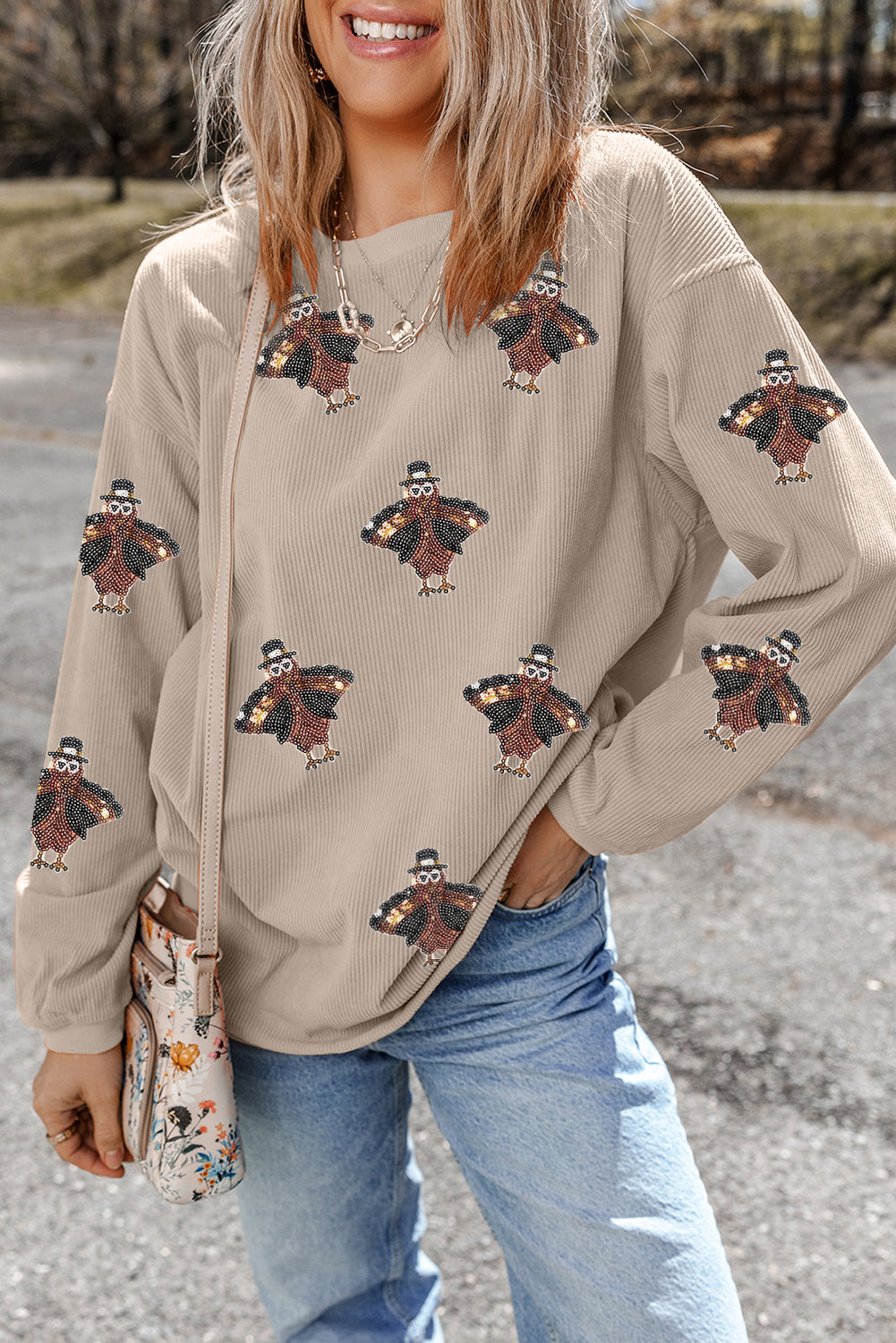 Smoke Gray Twisted Ribbed Sequined Thanksgiving Turkey Graphic Baggy Sweatshirt
