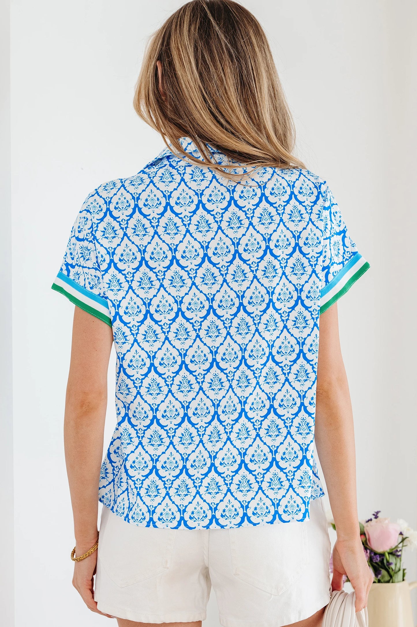 Pink Western Print Zipped Collar Short Sleeve Summer Blouse Top