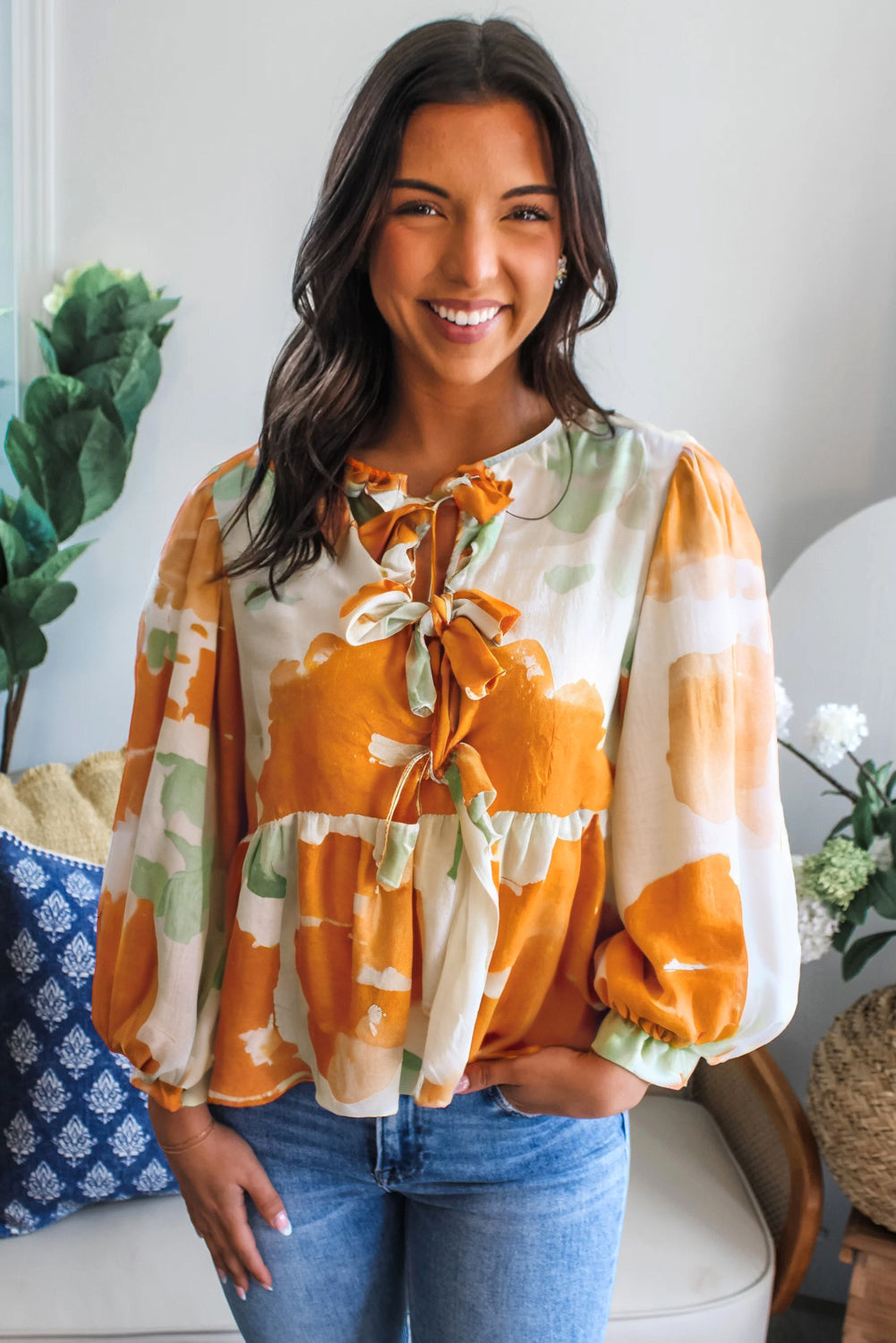 Carrot Abstract Floral Print Bow Tie Long Puff Sleeve Blouse