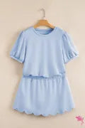 Beau Blue Puff Sleeve Pearl Embellished Scallop Trim Top 2 Piece Skort Set