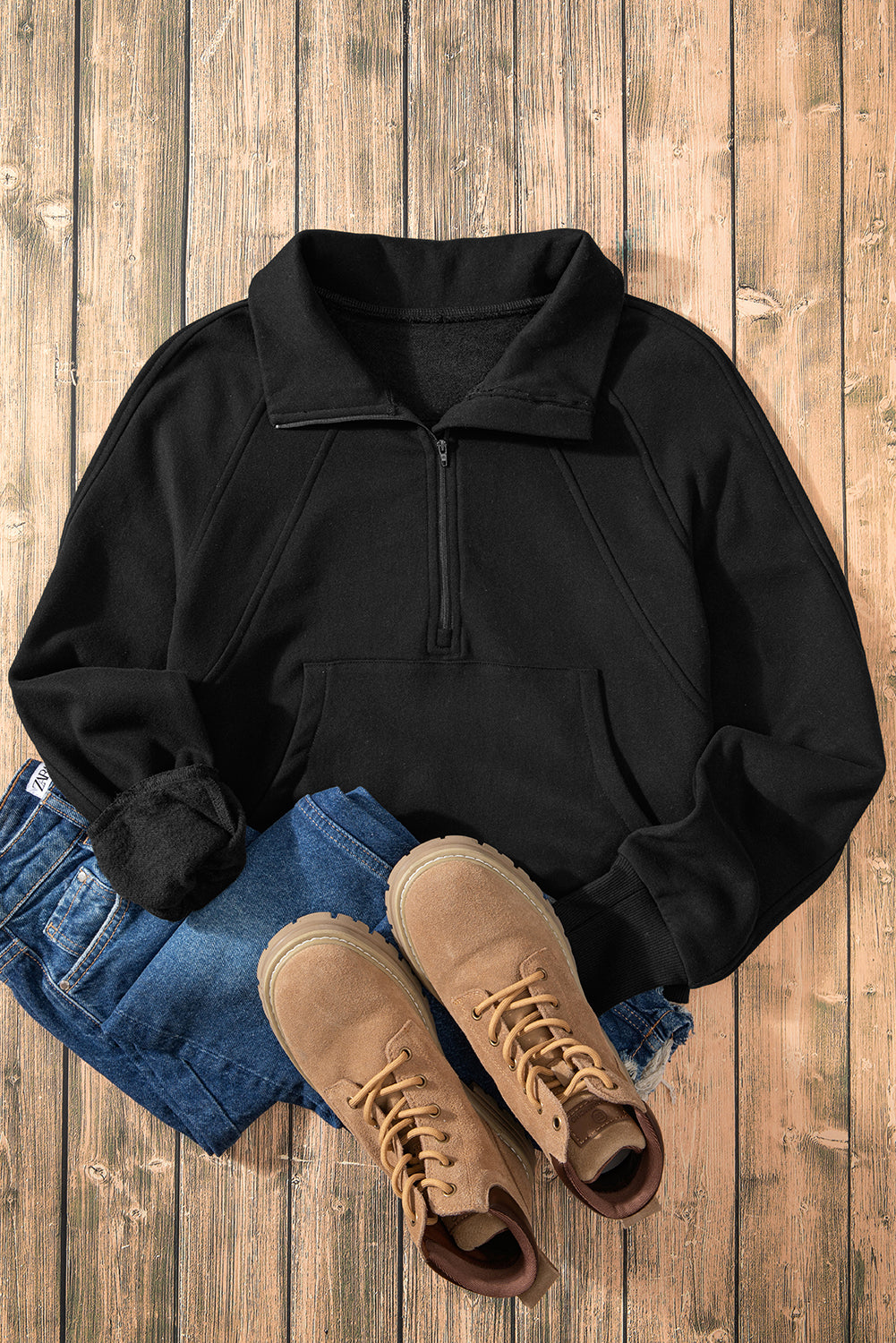 Black Zip Up Stand Collar Ribbed Thumbhole Sleeve Sweatshirt