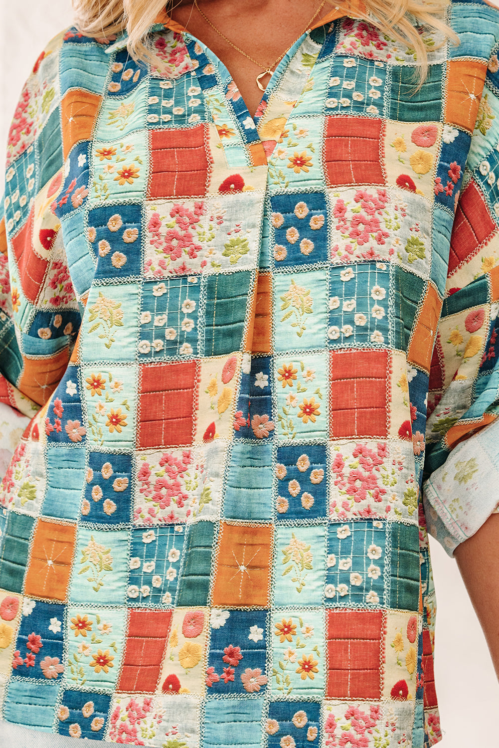 Blue Floral Collared V Neck Roll up Sleeve Shift Blouse