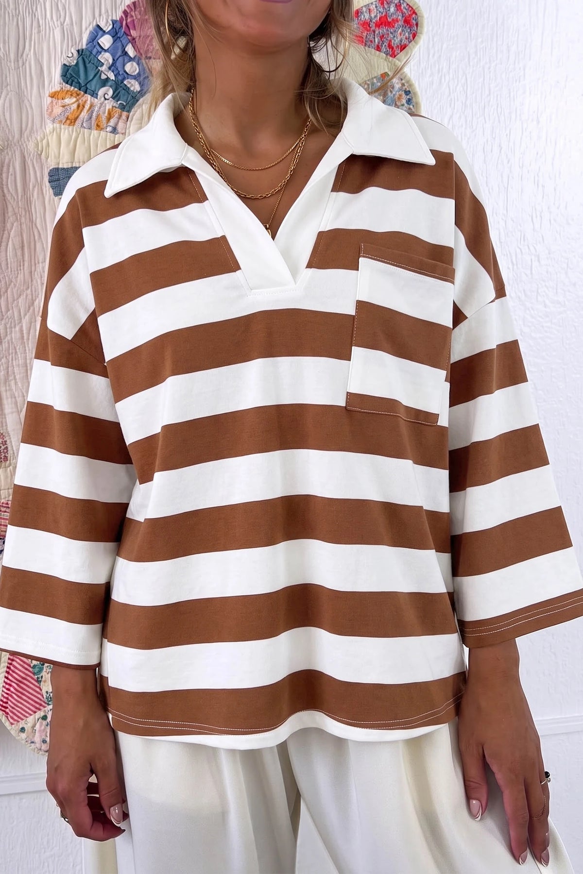 Brown Stripe Contrast Collar 3/4 Sleeve Oversized Casual Top
