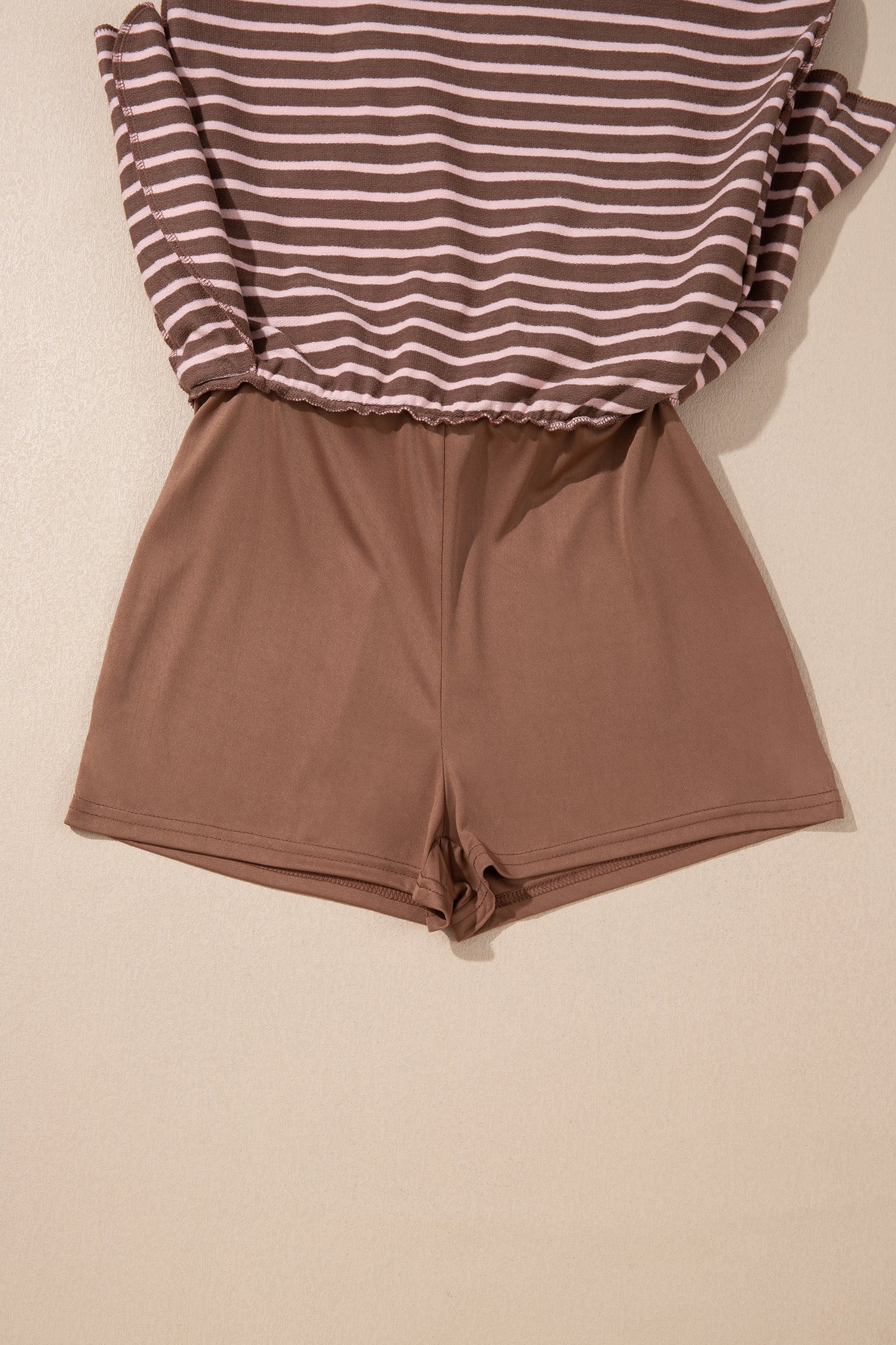 Brown Stripe Striped Drawstring Waist Long Sleeve Top Mini Skort Set