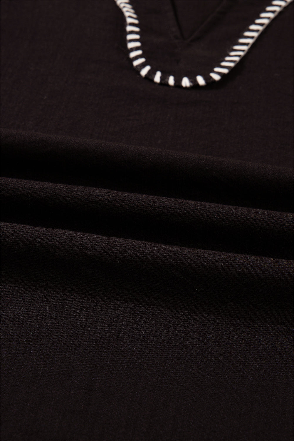 Contrast Stitched Detail V Neck Ruffle Long Sleeve Blouse