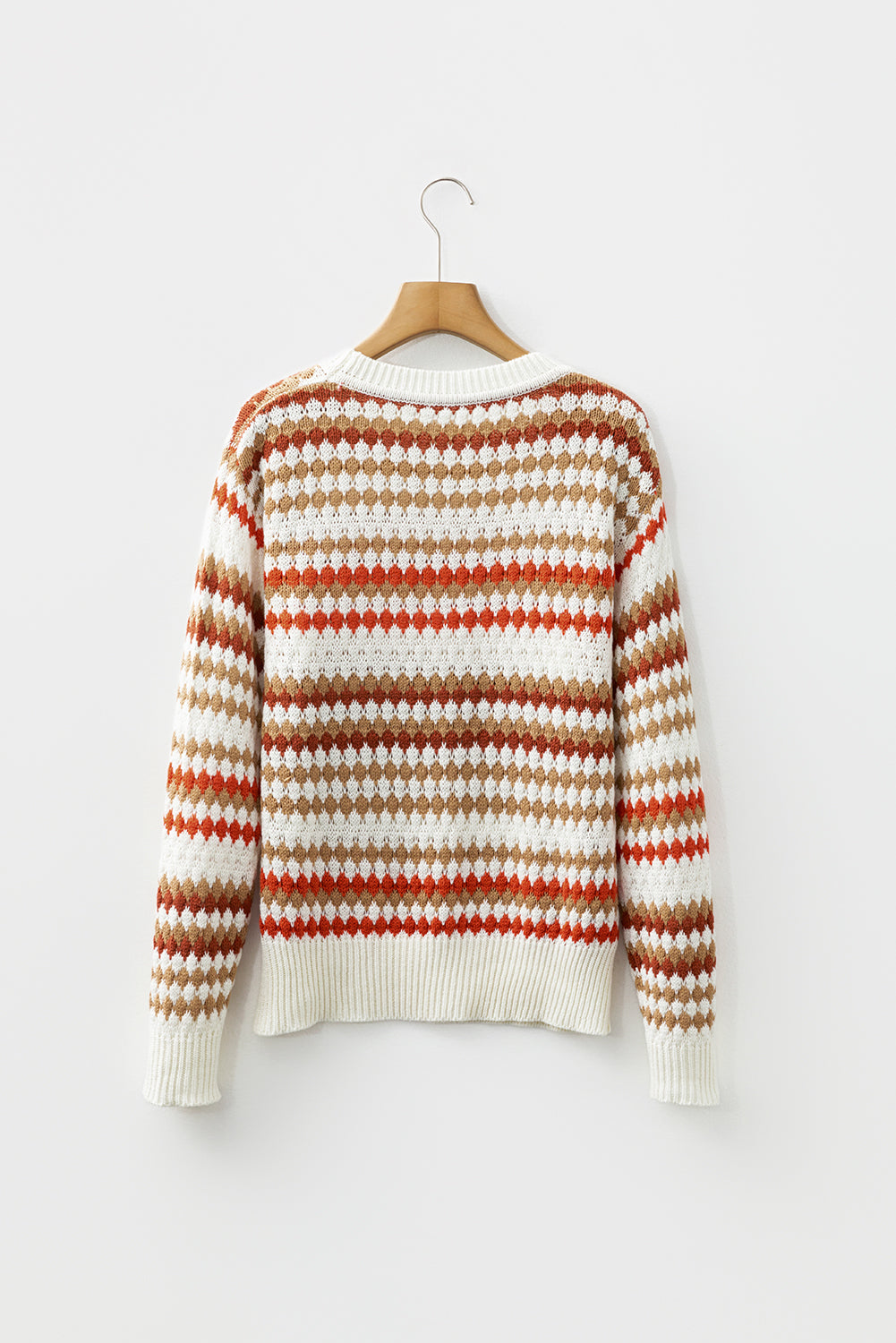 Khaki Stripe Eyelet Patterned Drop Shoulder Sweater