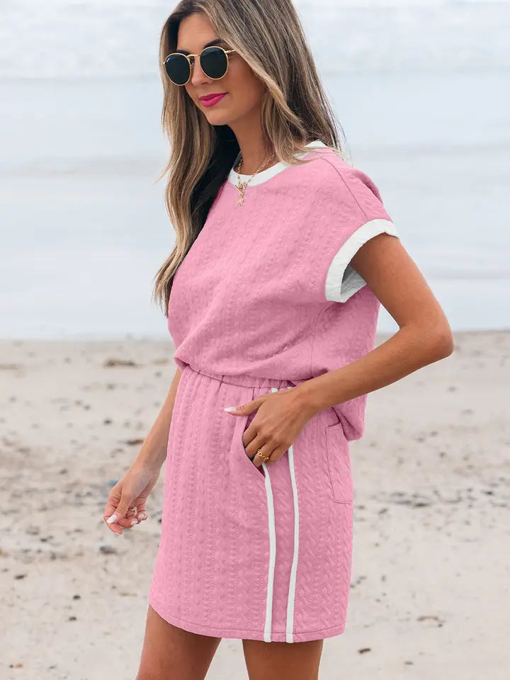 Beau Blue Contrast Trim Textured Crewneck Tee and Pocketed Skirt Set