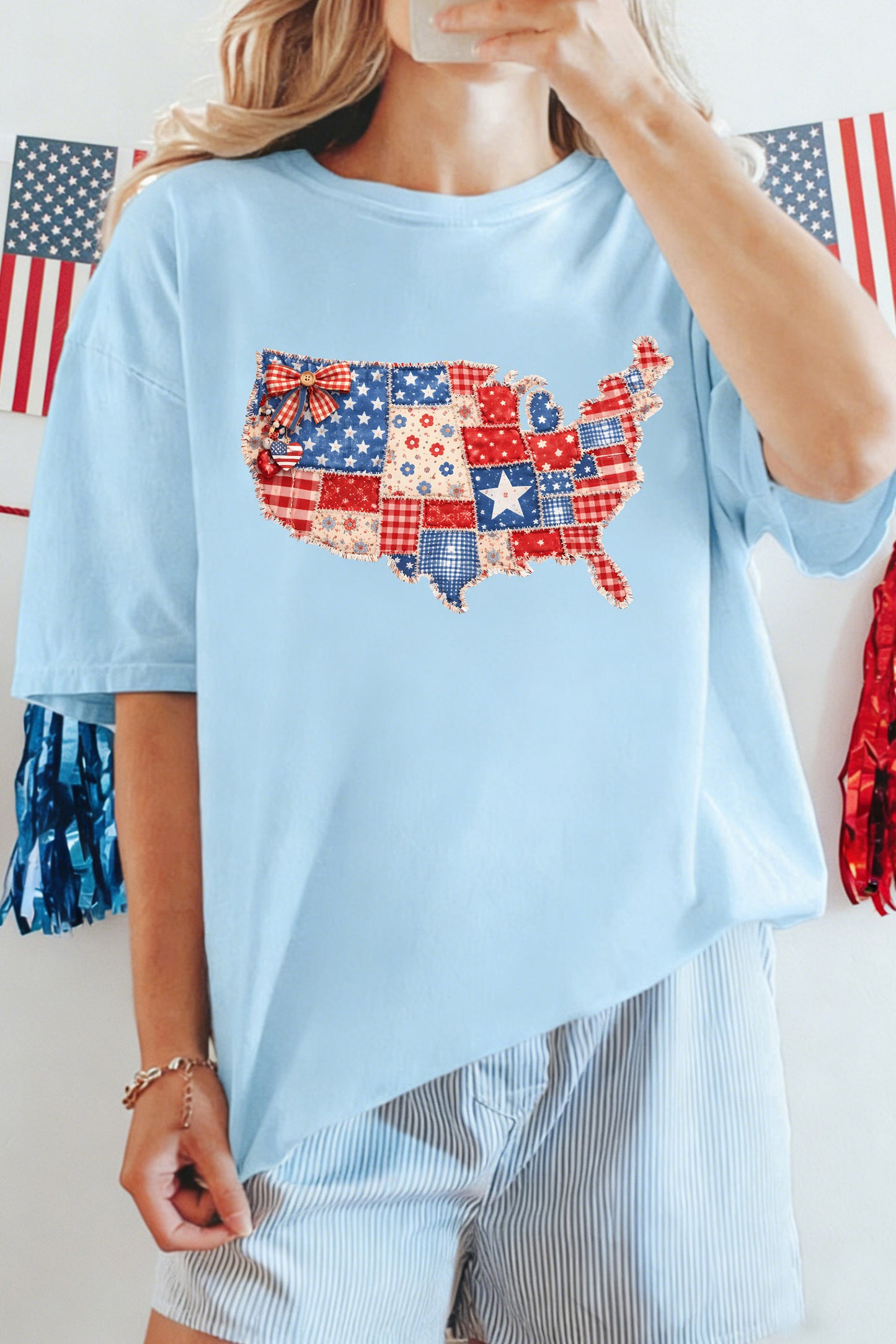Light Blue Faux Patchwork Print American Patriotic Graphic Tee