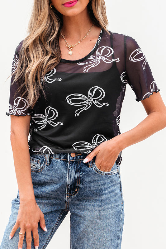 Black Bow Printed Mesh Short Sleeve Top
