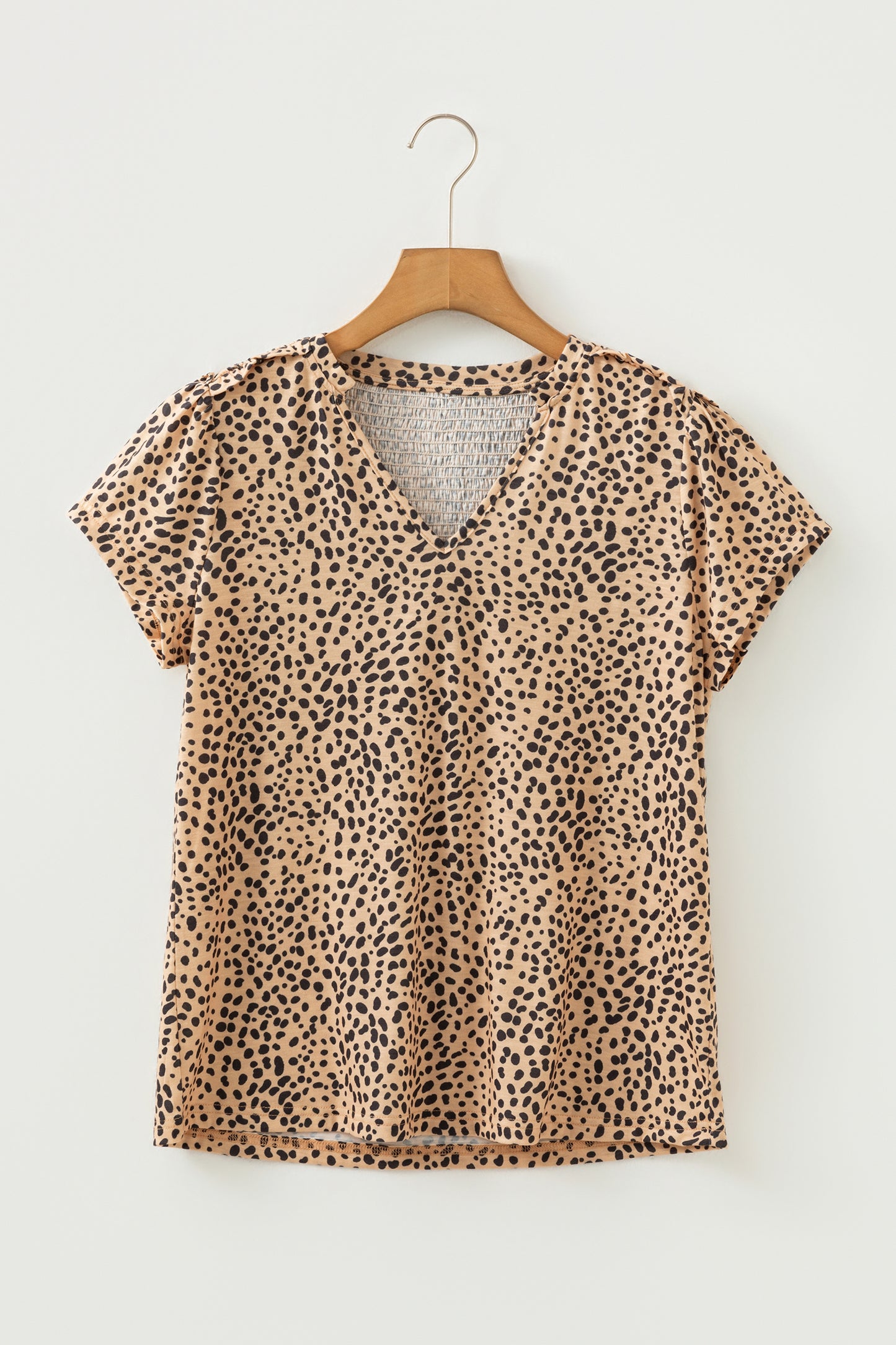 Apricot Cheeath Print Frilled V Neck Shirred Detail Short Sleeve Blouse