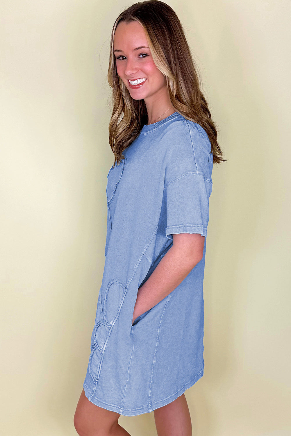 Mint Green Mineral Wash Flower Patchwork Mini T Shirt Dress