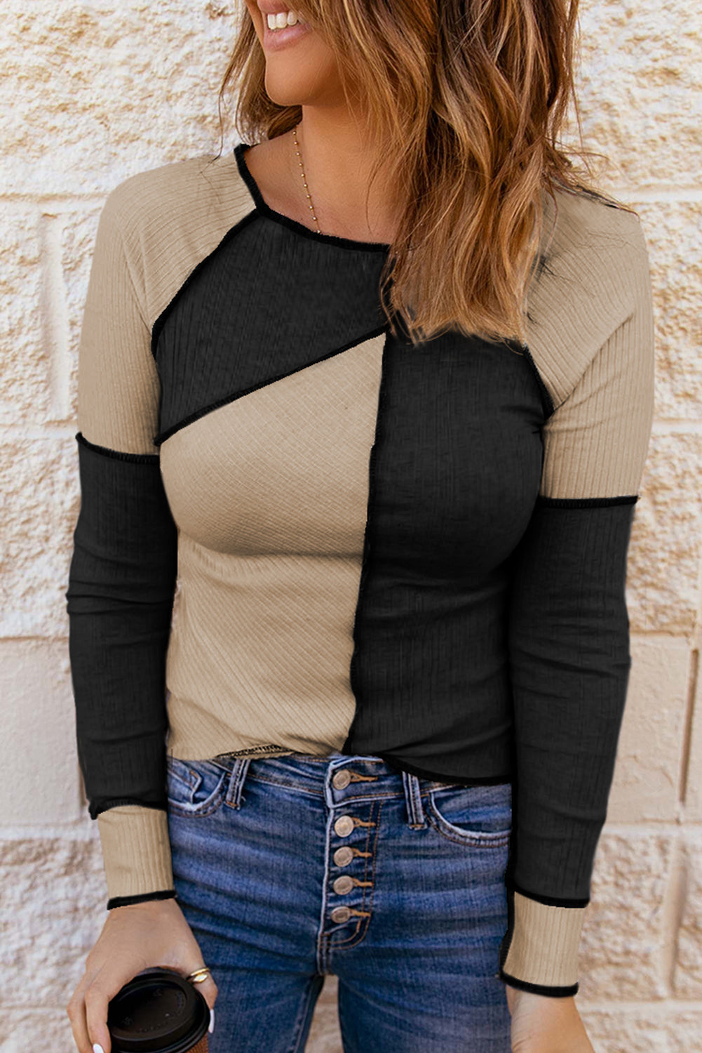 White Irregular Color Block Seaming Trim Rib Knit Top