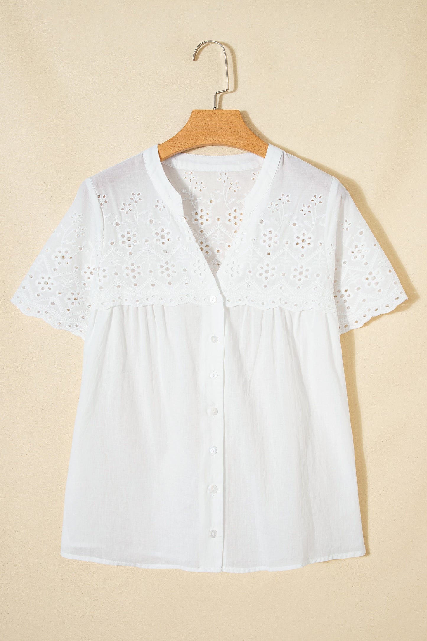 White Flower Eyelet Embroidered Patchwork Sheer Short Sleeve Shirt