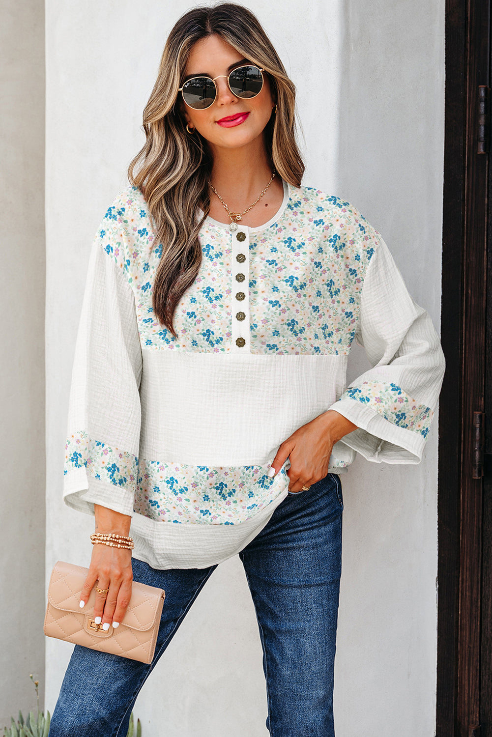 Red Floral Print Gauze Patchwork Henley Button 3/4 Sleeve Blouse