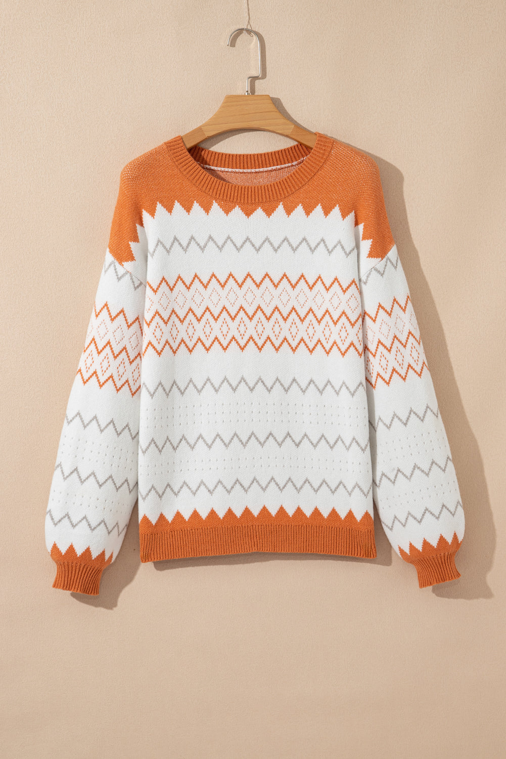 Khaki Zigzag Geometric Pattern Knitted Pullover Sweater
