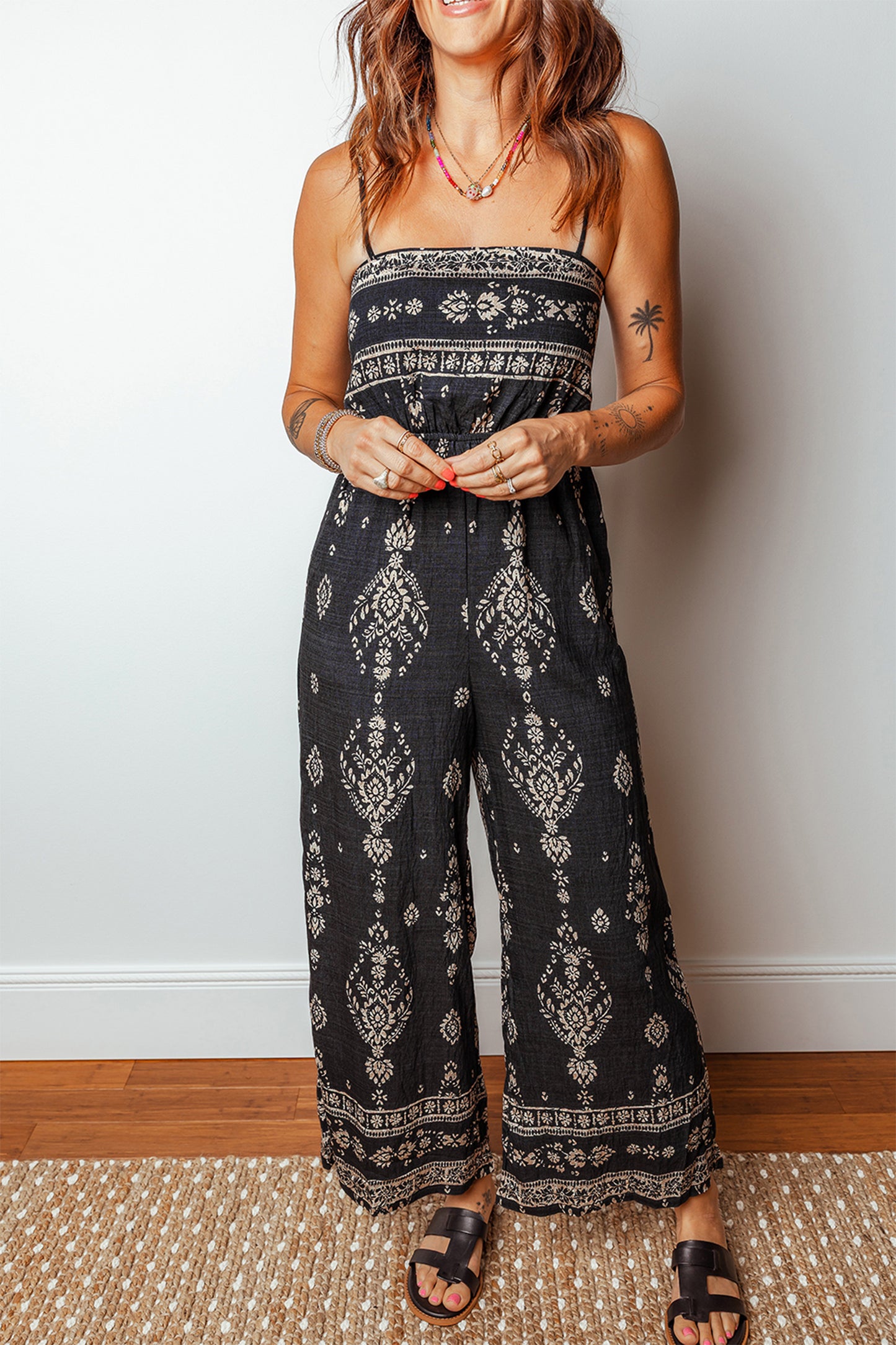 Black Spaghetti Straps Elastic Waist Loose Ethnic Print Jumpsuit