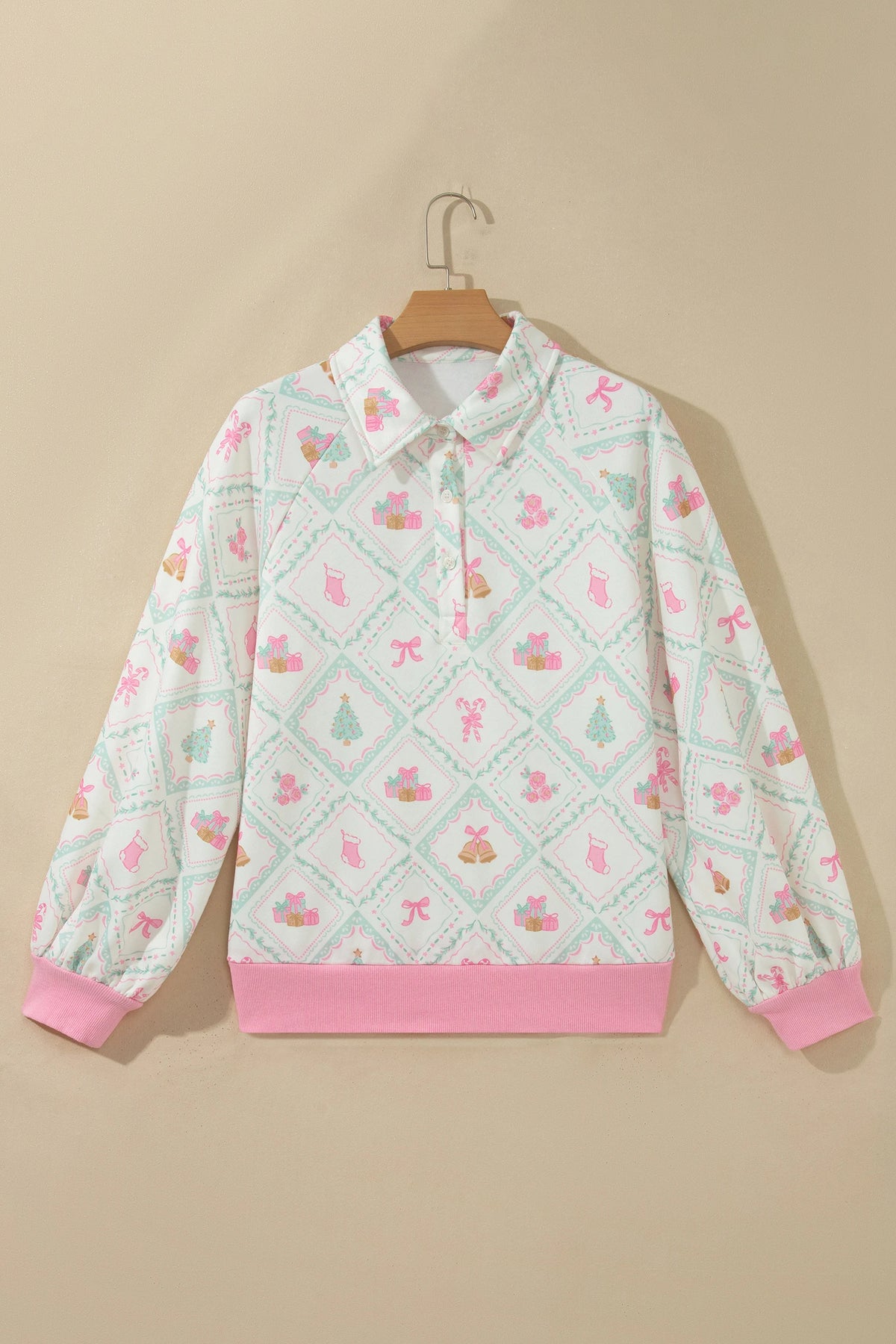 White Christmas Patchwork Collar Long Sleeve Pullover Sweatshirt