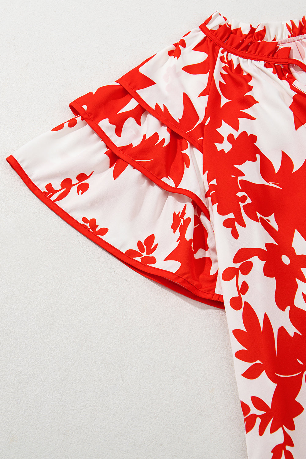 Red Plant Print Tiered Ruffled Sleeve V Neck Blouse